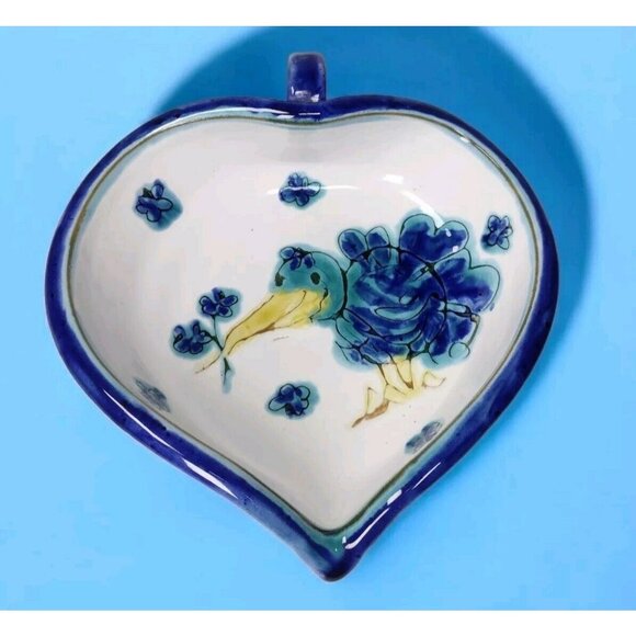 Handmade Terracotta Art Pottery Bird Heart Dish Vtg Blue Kitsch Painted Flowers - Picture 1 of 6